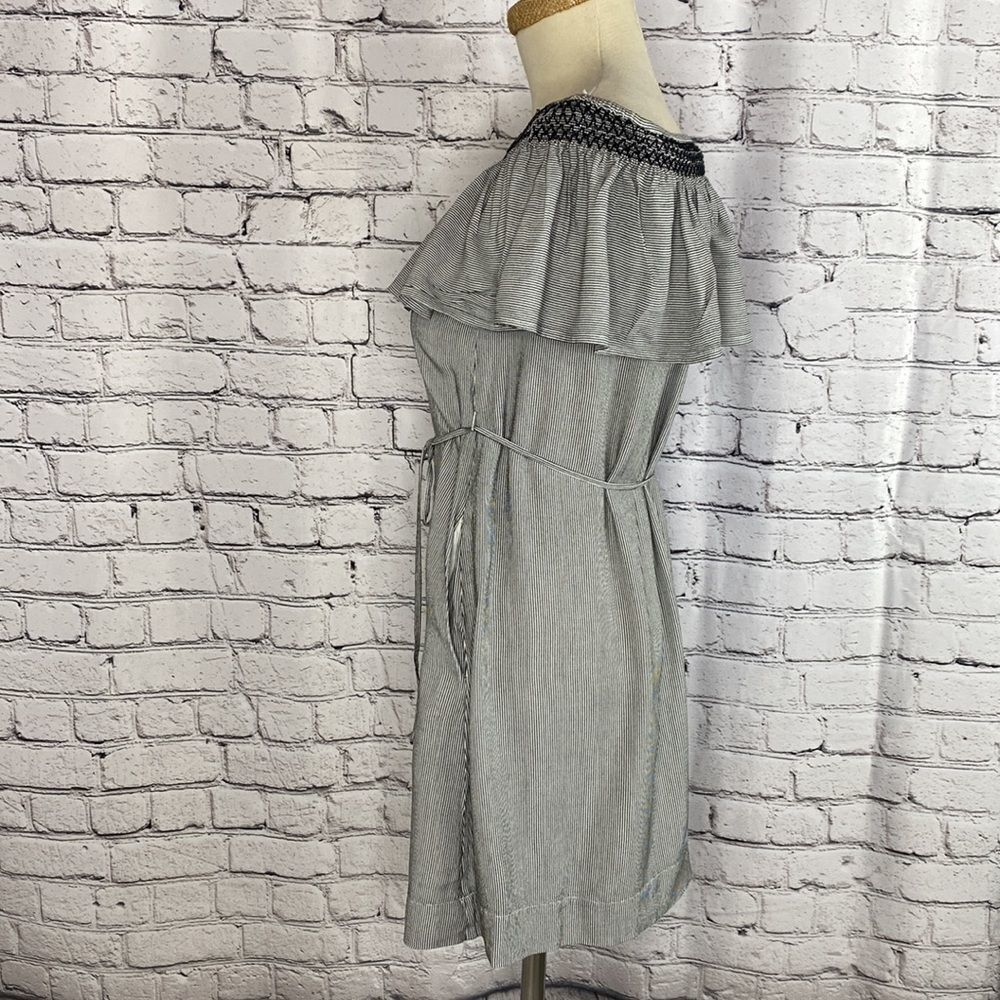 Loft Smocked Off Shoulder Belted Shift Dress W/Pockets Black / Cream Small - Picture 3 of 11